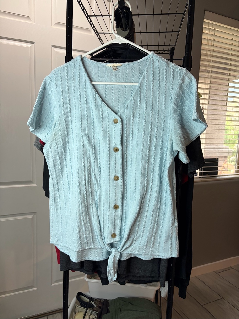Weatherproof Light Blue Short Sleeve Button Front Tie Tee